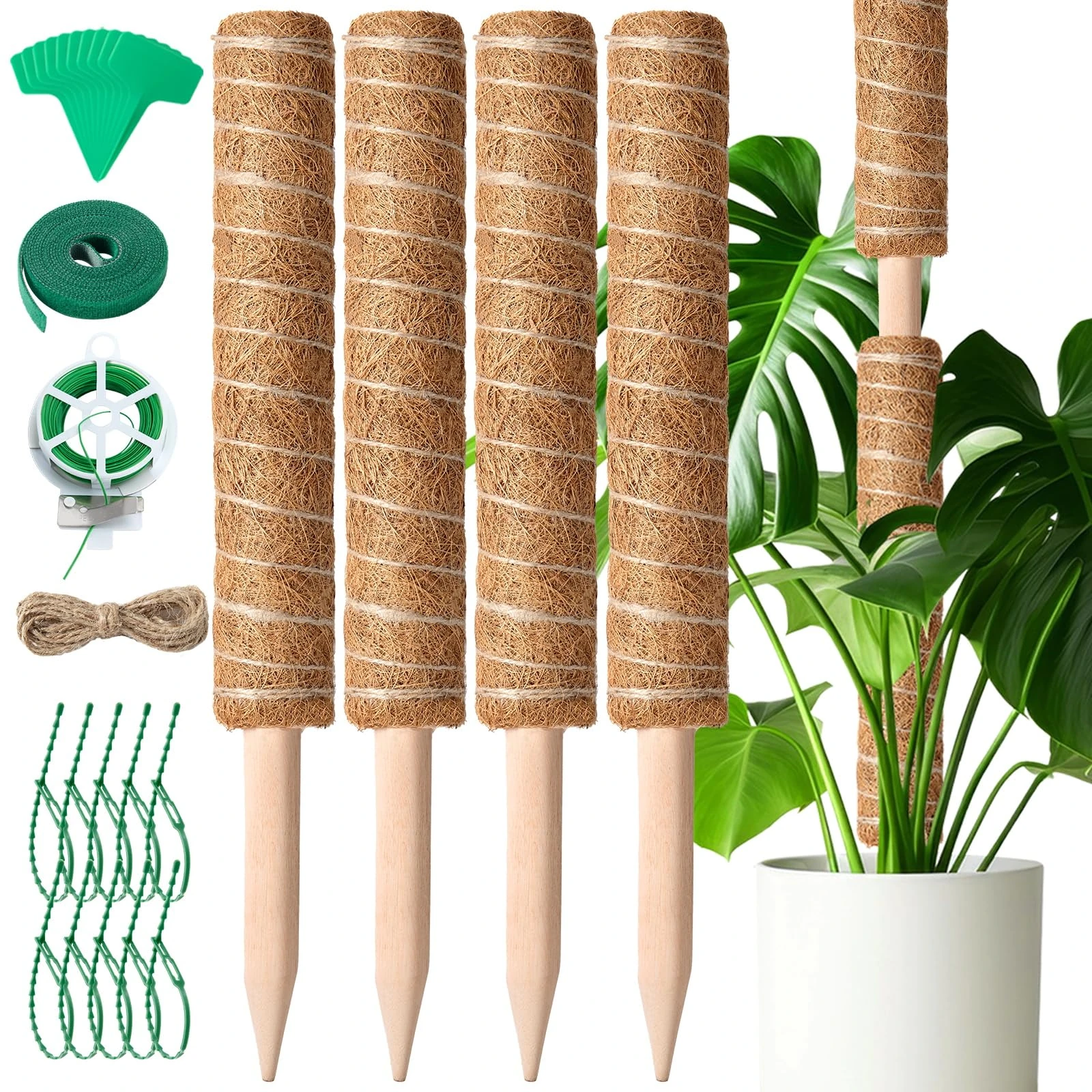 Mactoou Moss Pole, 4 PCS 41CM/16 Inches Coir Moss Poles for Cheese Plant, Monstera, Climbing Indoor Plants, Plant Supports Totem Pole with Twist Ties Kit for Plants to Grow Upwards