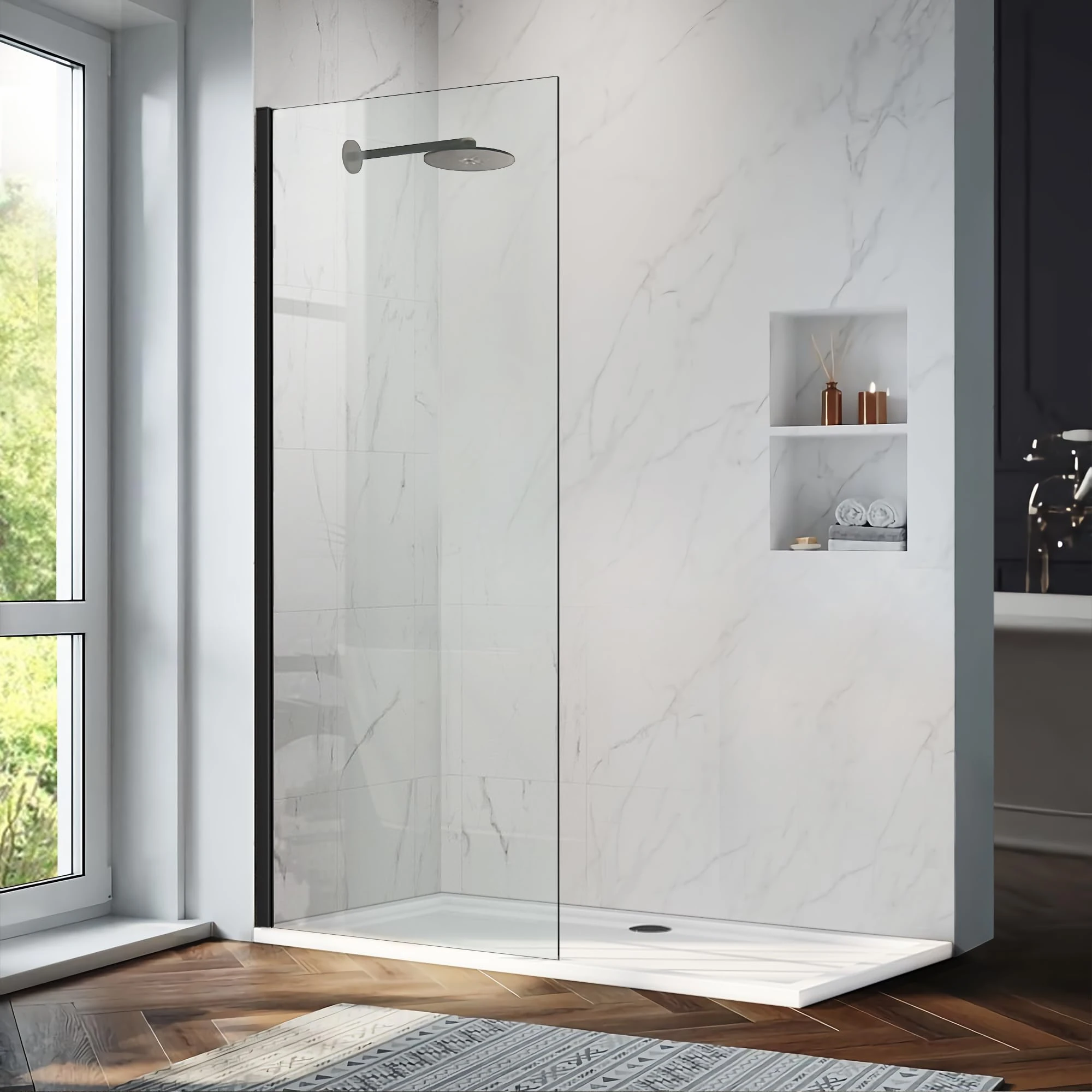 R5-MB Frameless Shower Door in Matte Black, Fellow Water Repellent Glass Shower Door