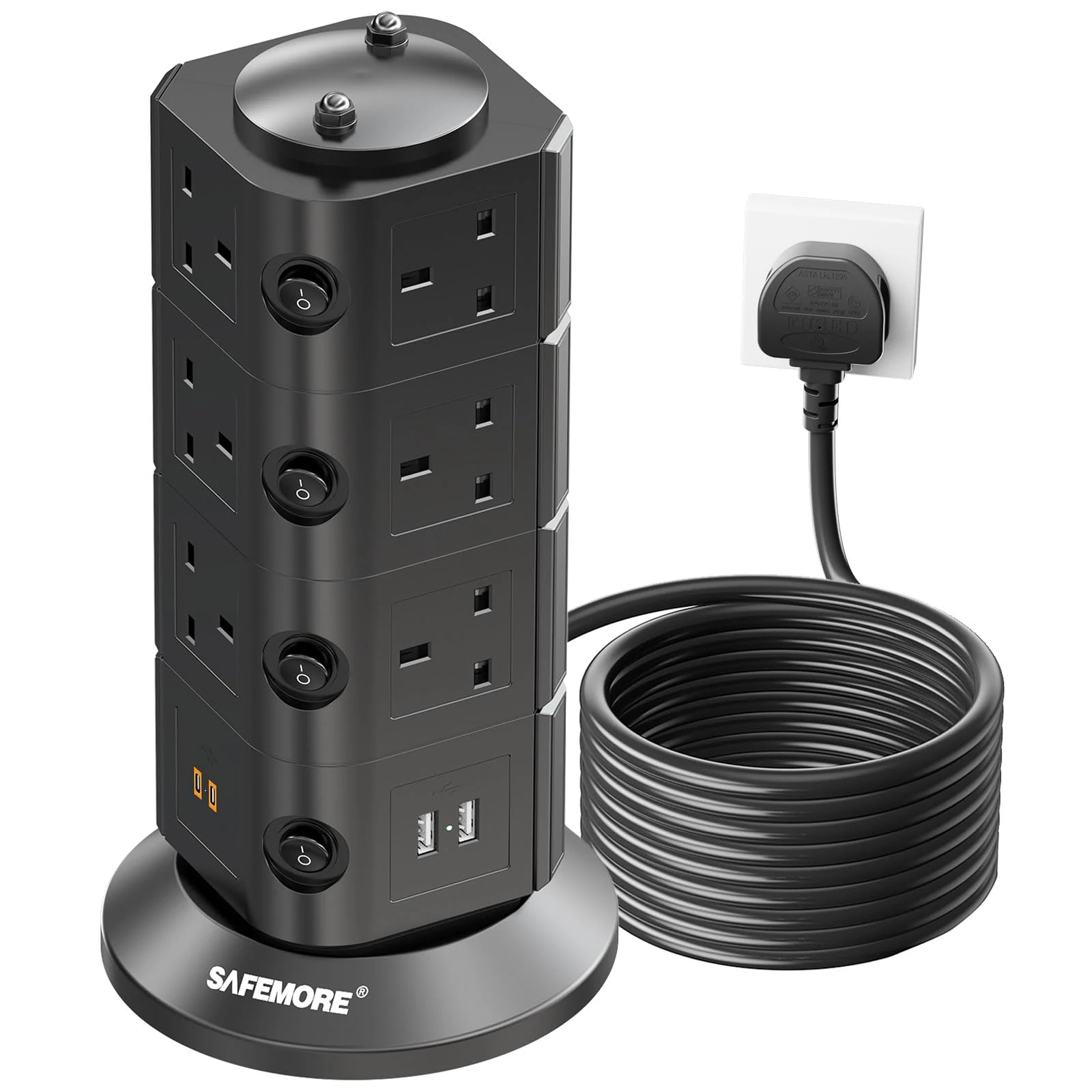 SAFEMORE Tower Extension Lead 14 Way, Extension Plug with 4 USB (2 USB-A / 2 Type-C) 4.8A Charge Slots, Individually Switched Power Strip 2m Cable Vertical Surge Protection Power Cord for Home Office