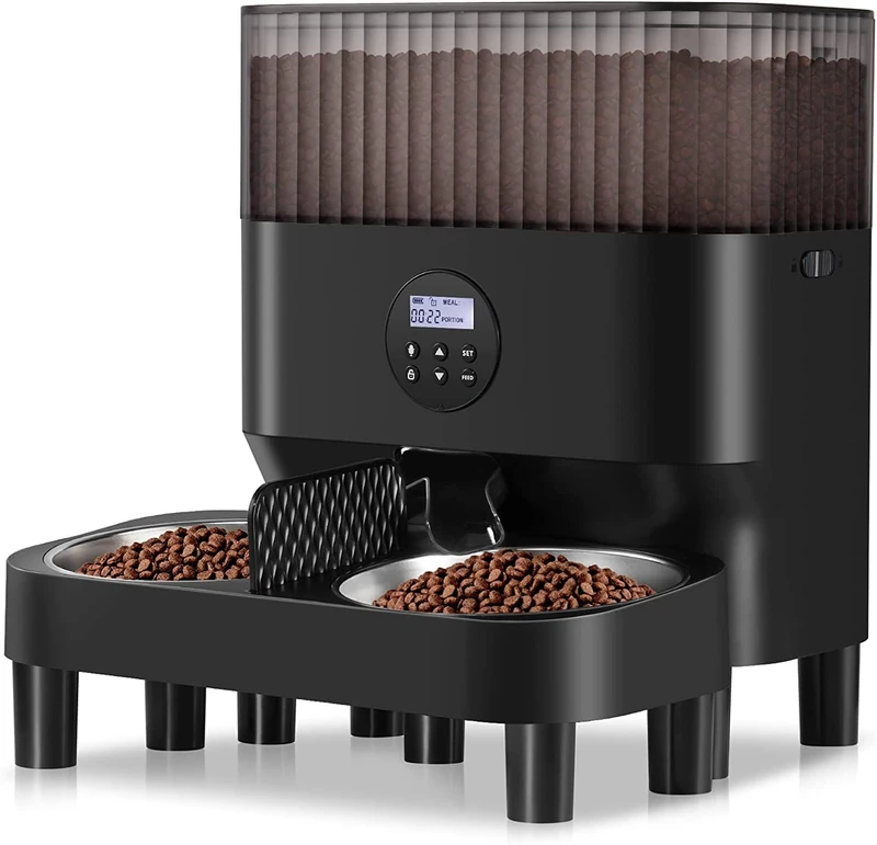 Sailvono5L Automatic Cat Feeder, 2 Bowls, Intelligent Cat Food, Easy to Use, Feeder for Cats/Dogs, with 2 Stainless Steel Bowls, Voice Recorder Black