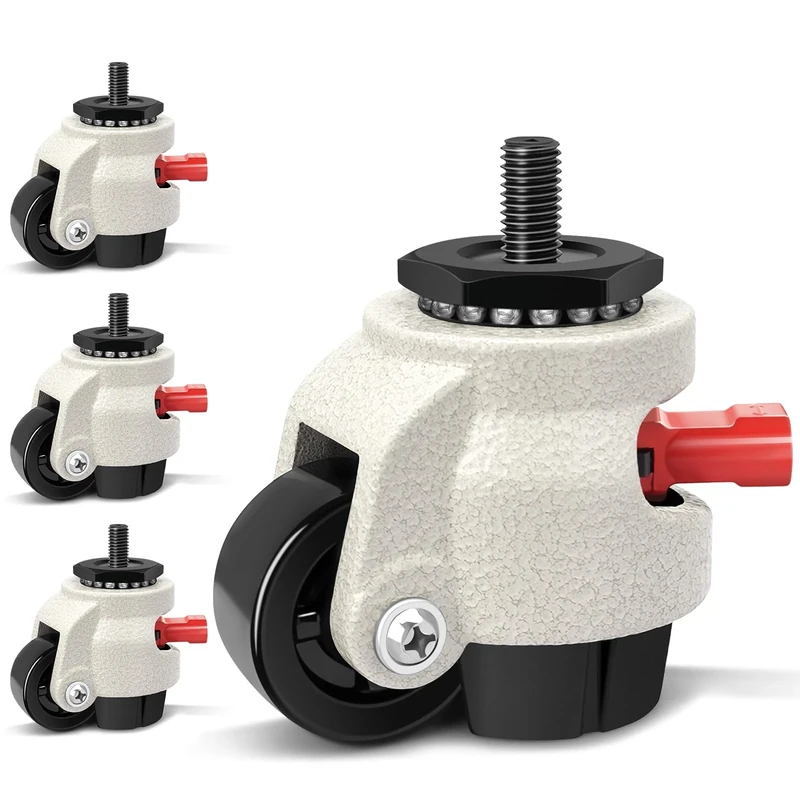 W B D WEIBIDA Leveling Stem Caster Wheels with Upgraded Ratchet Arm, Thread Stem Casters M12-1.75x25mm, Heavy Duty Retractable Casters Set of 4, Durable Rubber Base & Nylon Wheels for Workbench