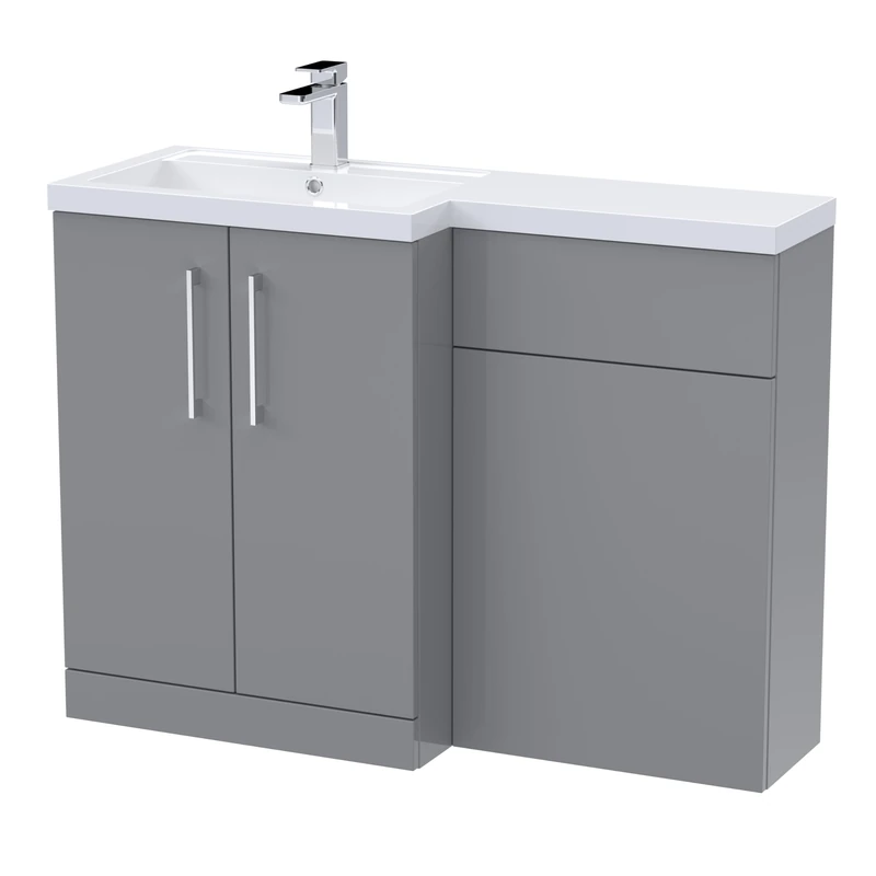 nuie ARN2211L Arno Modern Bathroom Left Hand 2 Soft Close Door Vanity Basin and WC Combination Unit, 1100 x 390mm, Satin Grey