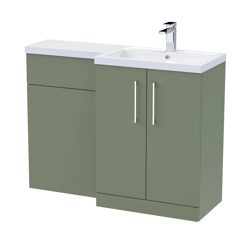 nuie ARN811R Arno Modern Bathroom Right Hand 2 Soft Close Door Vanity Basin and WC Combination Unit, 1100 x 390mm, Satin Green