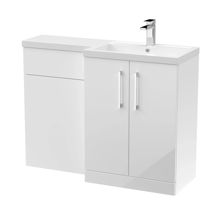 nuie ARN111R Arno Modern Bathroom Right Hand 2 Soft Close Door Vanity Basin and WC Combination Unit, 1100 x 390mm, Gloss White