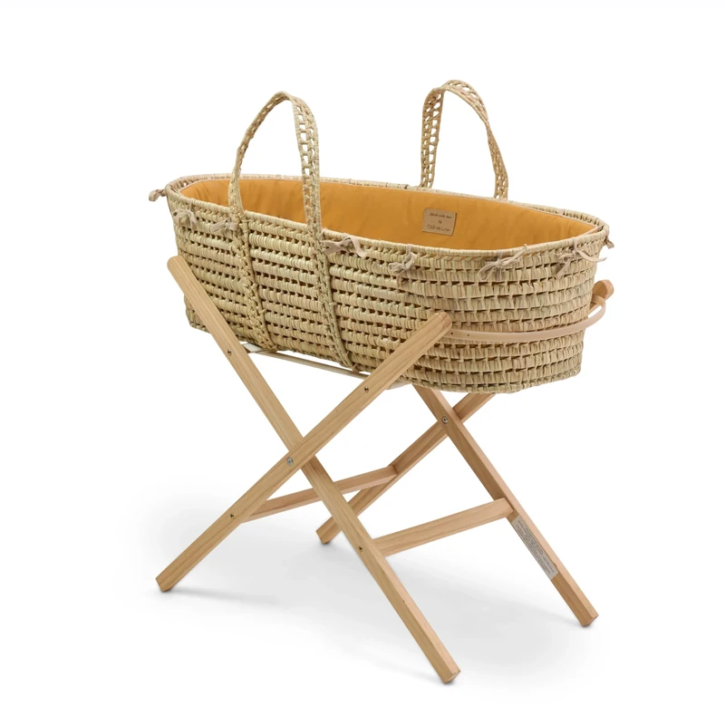 Clair de Lune Savannah Palm Moses Basket and Natural Folding Stand 75 x 28cm Gold