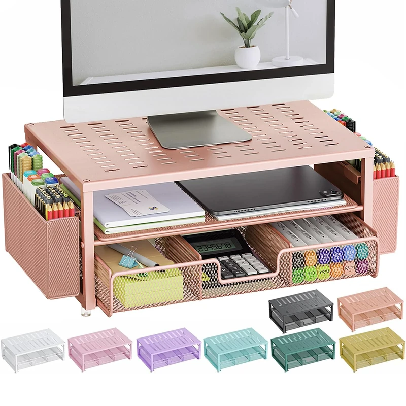 gianotter Desk Computer Monitor Stand with Drawer and 2 Pen Holders, Desk Organizer for Women, Home Office Essentials (Rose Gold) - Image 1