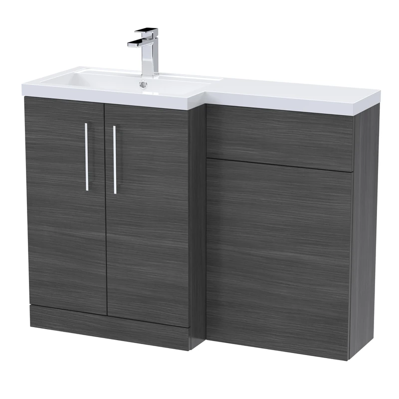 nuie ARN511L Arno Modern Bathroom Left Hand 2 Soft Close Door Vanity Basin and WC Combination Unit, 1100 x 390mm, Anthracite Woodgrain