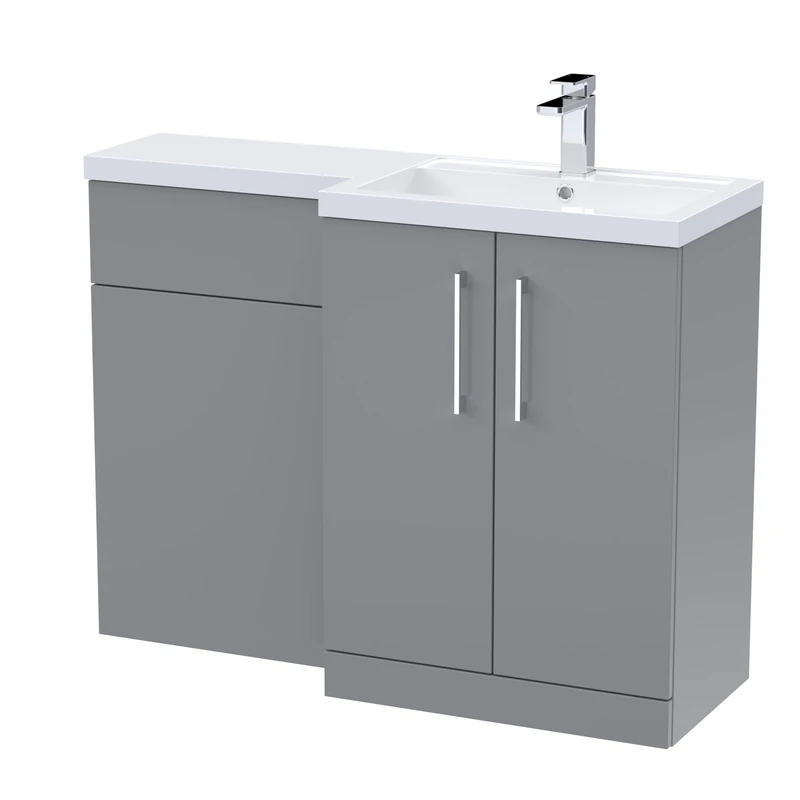 nuie ARN2211R Arno Modern Bathroom Right Hand 2 Soft Close Door Vanity Basin and WC Combination Unit, 1100 x 390mm, Satin Grey