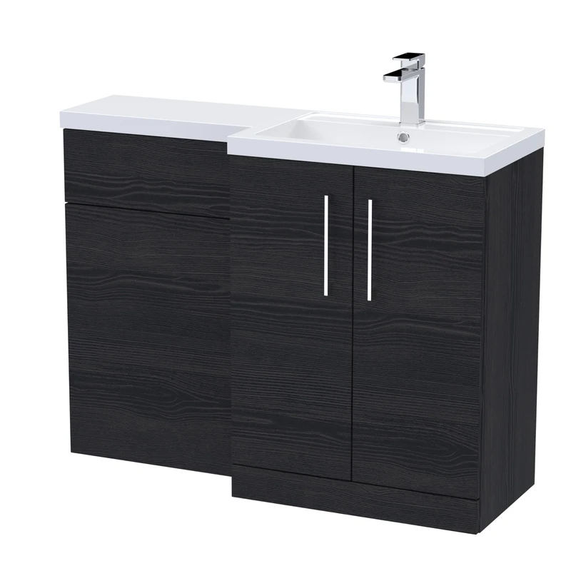 nuie ARN611R Arno Modern Bathroom Right Hand 2 Soft Close Door Vanity Basin and WC Combination Unit, 1100 x 390mm, Charcoal Black Woodgrain