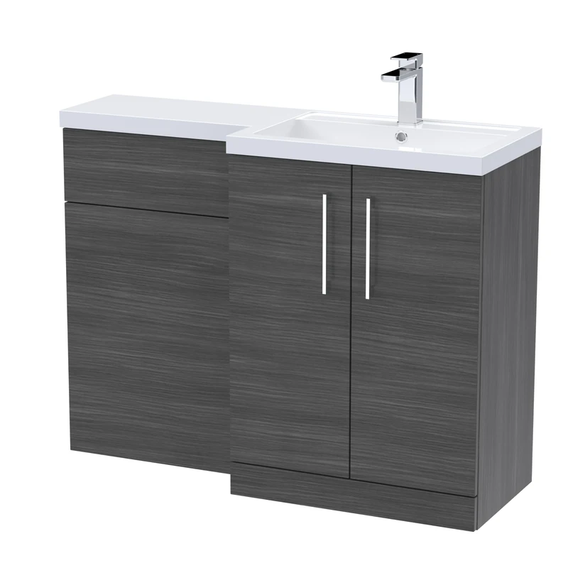nuie ARN511R Arno Modern Bathroom Right Hand 2 Soft Close Door Vanity Basin and WC Combination Unit, 1100 x 390mm, Anthracite Woodgrain