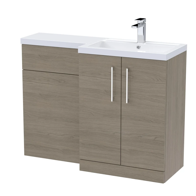 nuie ARN2511R Arno Modern Bathroom Right Hand 2 Soft Close Door Vanity Basin and WC Combination Unit, 1100 x 390mm, Solace Oak