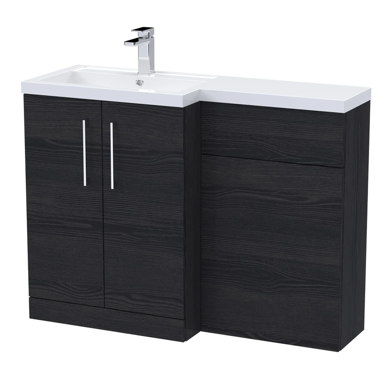 nuie ARN611L Arno Modern Bathroom Left Hand 2 Soft Close Door Vanity Basin and WC Combination Unit, 1100 x 390mm, Charcoal Black Woodgrain