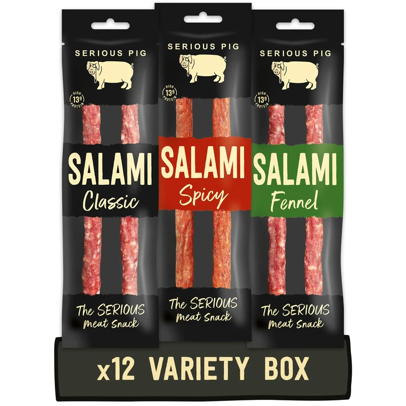 Serious Pig Salami Snacks Variety Pack High Protein British Cured Pork Keto Friendly (12 x 30g)