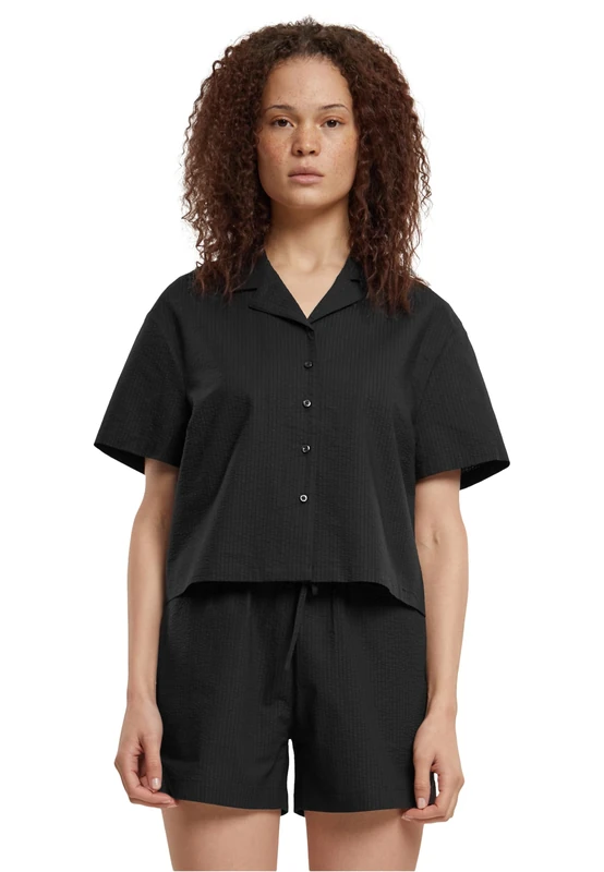 Urban Classics Women's Tb6181-Ladies Seersucker Shirt, Black, XXL - Image 1