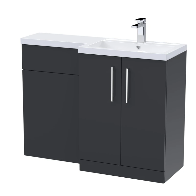 nuie ARN1411R Arno Modern Bathroom Right Hand 2 Close Door Vanity Basin and WC Combination Unit, 1100 x 390mm, Soft Black