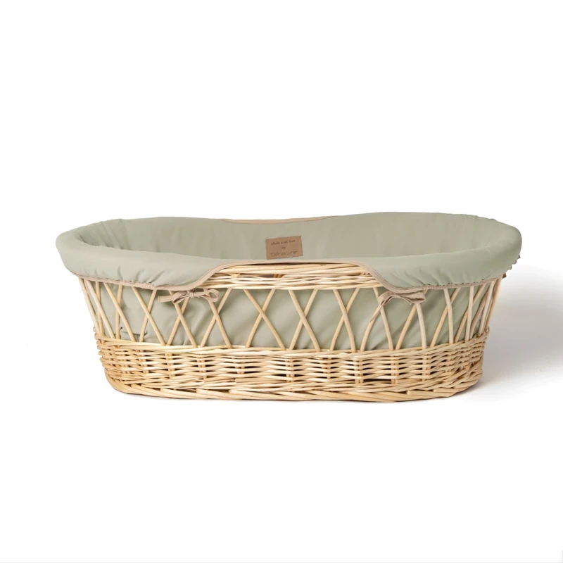 Clair de Lune Organic Natural Wicker Moses Basket 68 x 30cm (Sage Green)