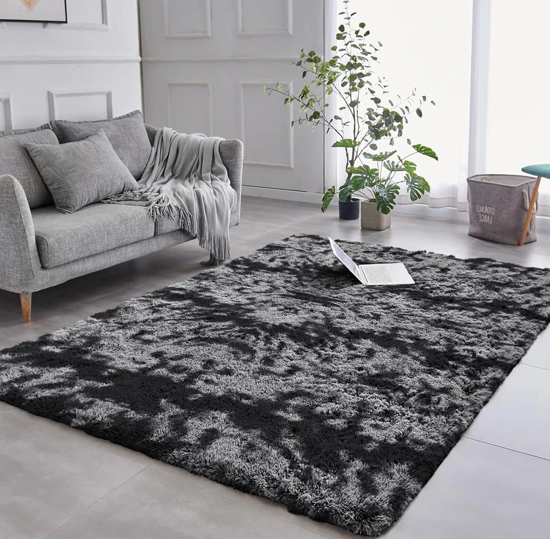 AMEHA Rugs Living Room Large 200x290 cm – Dark Grey Area Rugs for Bedroom Anti Slip – Modern Super Soft Thick Pile Fluffy Shaggy Rug - Plush Carpet Non Shedding Easy To Clean, Tye-Dye Grey