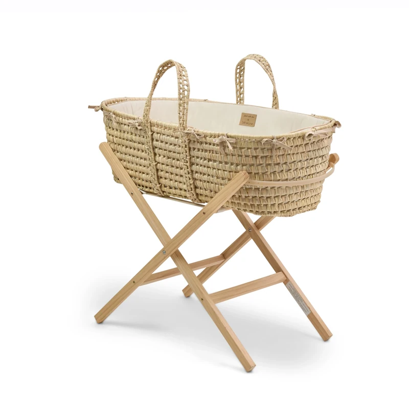 Clair de Lune Savannah Palm Moses Basket and Natural Folding Stand 75 x 28cm Sandshell