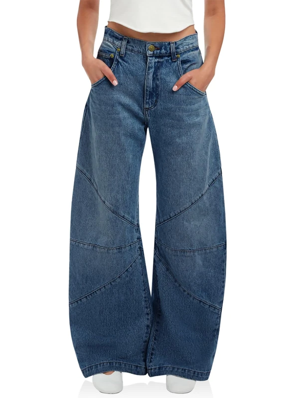 PLNOTME Womens High Waisted Barrel Jeans Casual Loose Boyfriend Wid Leg Denim Pants, Blue, 10