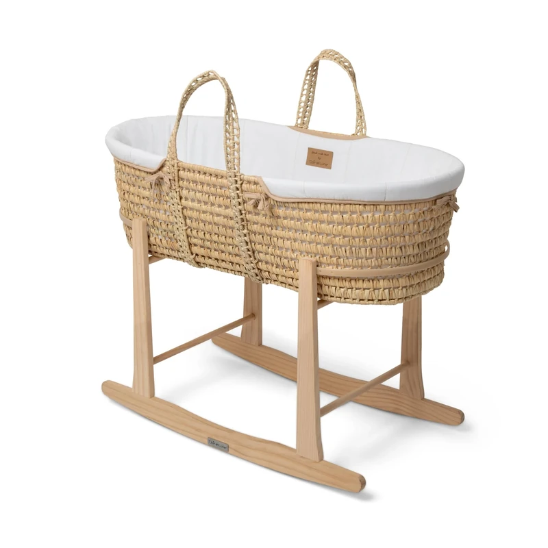Clair de Lune Organic Palm Moses Basket with Natural Rocking Stand 75 x 28cm White