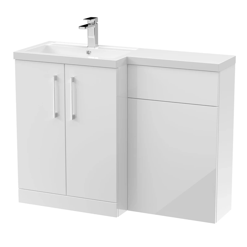nuie ARN111L Arno Modern Bathroom Left Hand 2 Soft Close Door Vanity Basin and WC Combination Unit, 1100 x 390mm, Gloss White