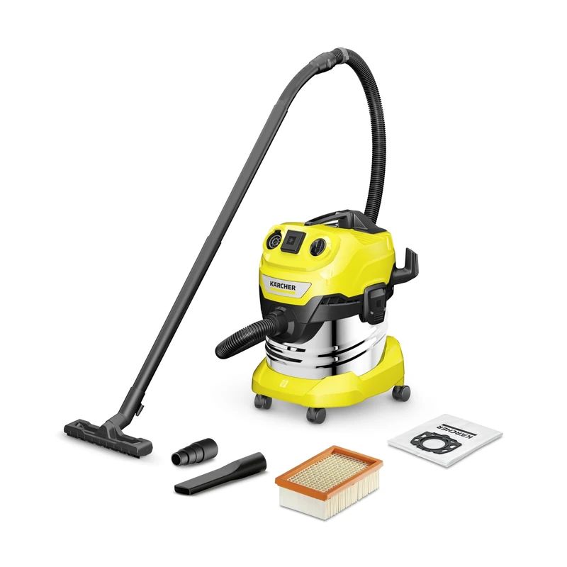 Kärcher Heavy Duty WD 4 P S V-20/5/22 Vacuum Cleaner, Super Absorbent Energy Efficient Wet/Dry Vacuum Cleaner with 20L Stainless Container, Power Tool Socket, 5 m Cable & 2.2 m Suction Hose & Blow