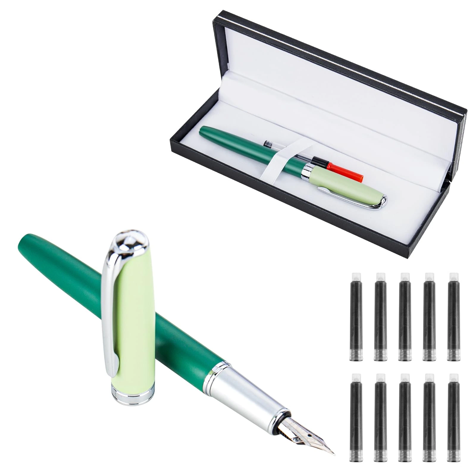 bssmmai Contrast Colour Fountain Pen Set - Medium Nib, Fancy Fountain Pens for Writing,Includes 10 Ink Cartridges&Ink Converter, Nice Pen Gifts for Men and Women, olive-green
