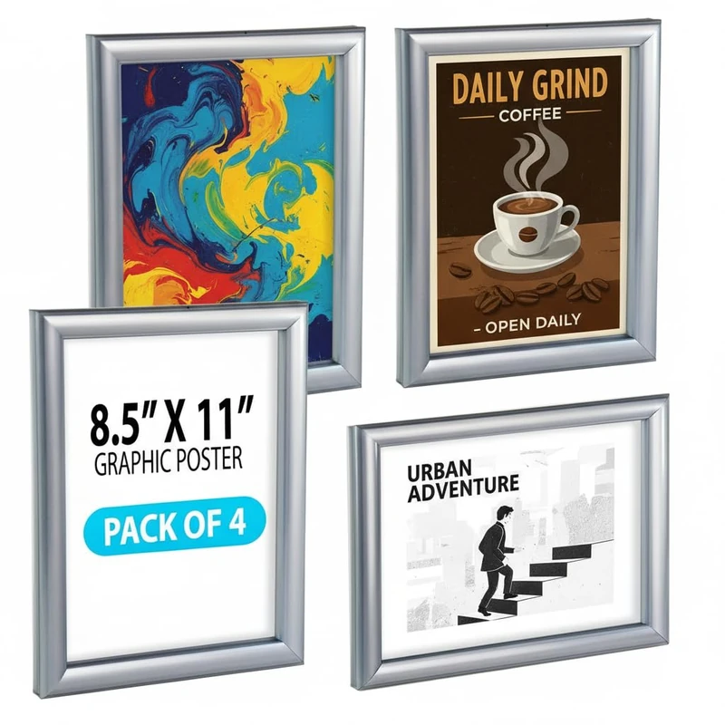Azar Displays300336-SLV-4PK Wall Mount Plastic Snap Poster Frame 8.5" x 11" Portrait/Landscape Sign Holder Frame, 4-Pack - Image 1