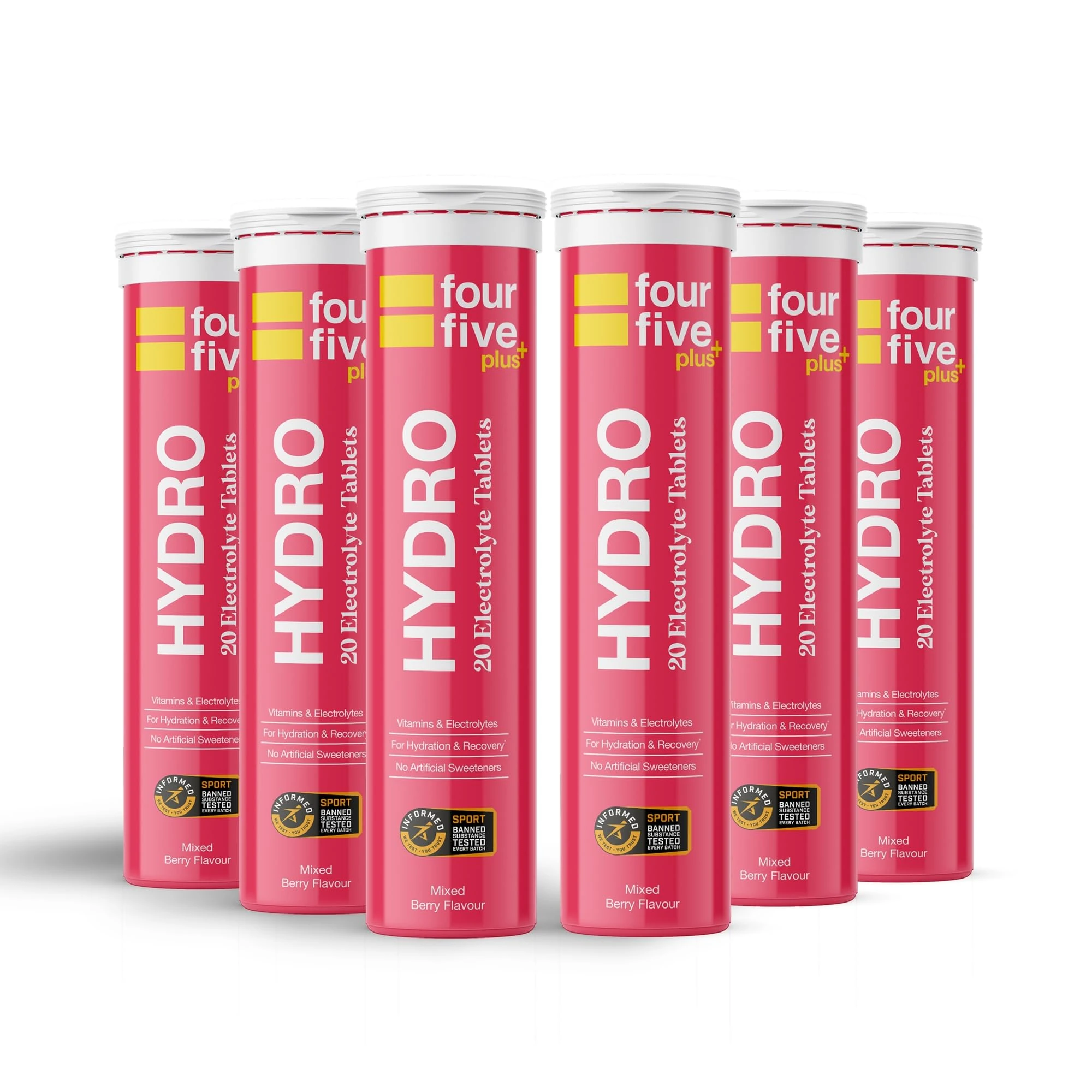 fourfive Hydration Tablets (Berry) Low Calorie Vitamin Electrolytes, Vegan, Magnesium & Calcium, Sports Hydration - 6x20 Effervescent Tablets