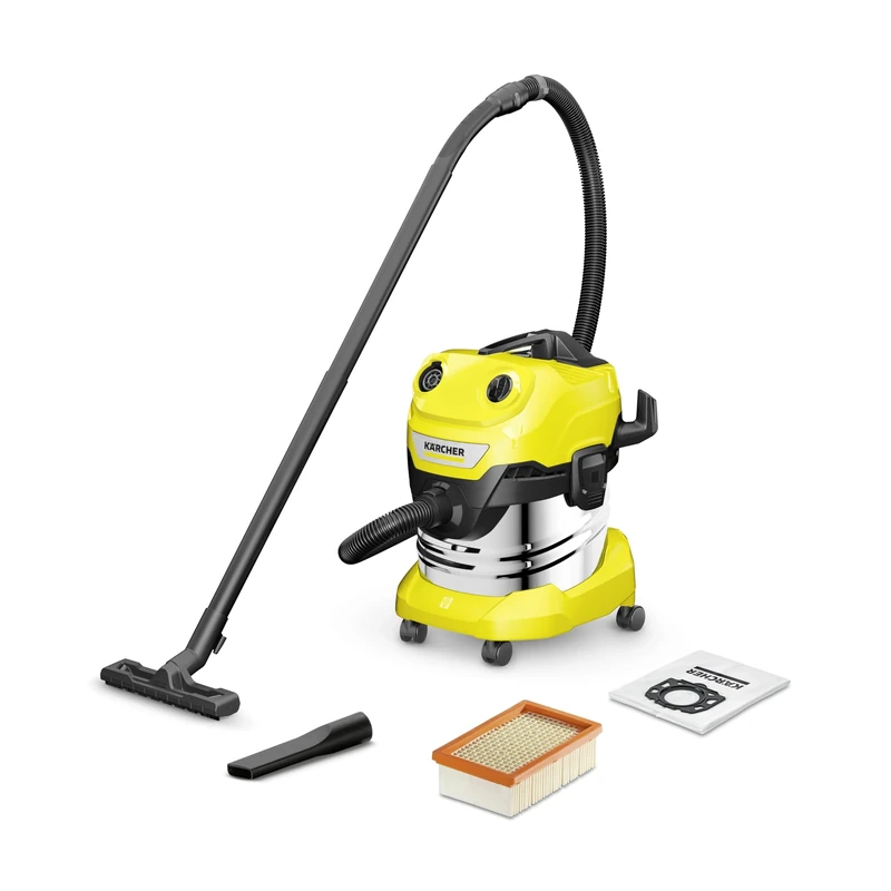 Kärcher WD 4S V-20/5/22 Wet & Dry Vacuum Cleaner, 20L Stainless Steel Reservoir, 1000 W, 5 m Cable, 2.2 m Suction Hose, Clip Floor Nozzle, Pull & Push" Closing System, Yellow