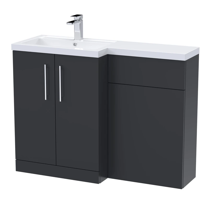 nuie ARN1411L Arno Modern Bathroom Left Hand 2 Close Door Vanity Basin and WC Combination Unit, 1100 x 390mm, Soft Black