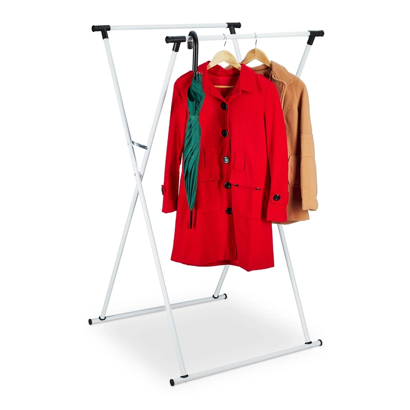 Relaxdays Extendable Clothes Stand, Coat Rack, HxWxD: 139 x 135 x 95 cm, 2 Rails, Hallway, Folding Valet, Metal, White