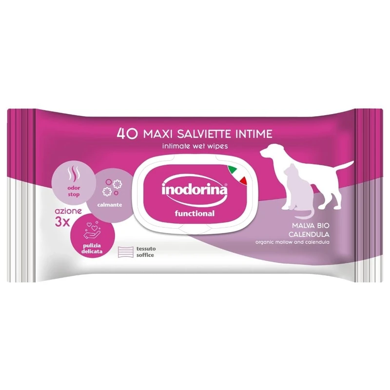 Inodorina Functional Intimate Parts Wipes for Dogs and Cats (12 packs of 40, Organic Mallow and Calendula) - Pet wipes made of durable fabric against odor, irritation and redness