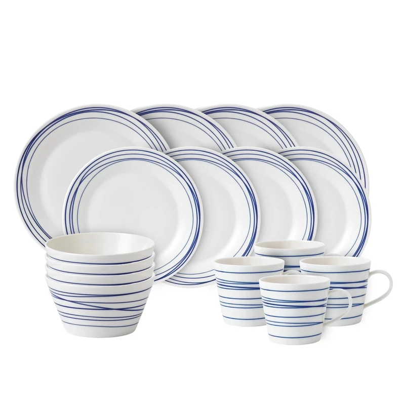 Royal Doulton Dinner Set, Stoneware, Designed to Mix & Match, 1815 Pacific Dinnerware Set, Blue Lines, 16 Piece Set