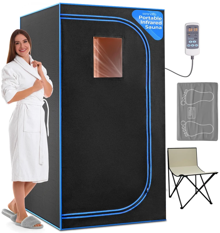 SereneLife Portable Infrared Steam Sauna Tent – 1 Person Indoor Home Sauna with Foot Heating Pad, Folding Chair & Remote Control Perfect to Unwind Detox or Weightloss