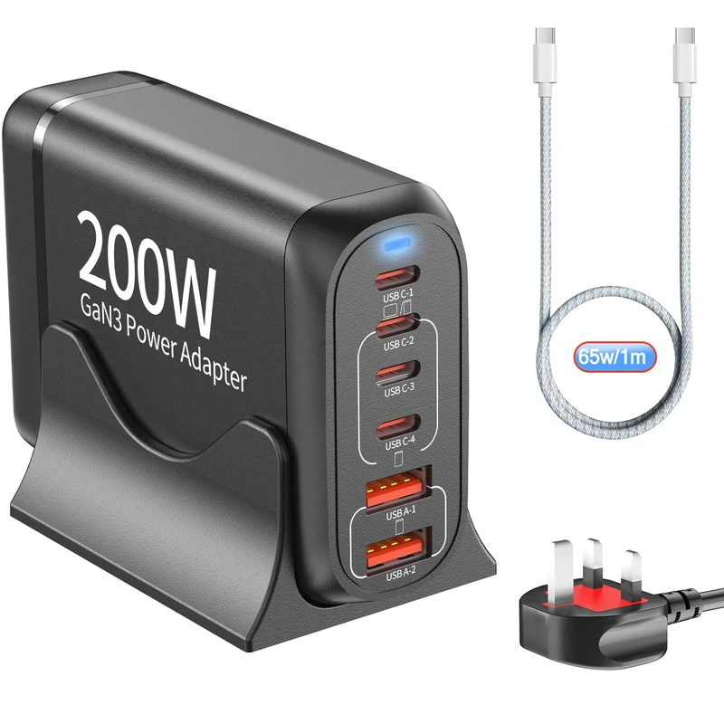 200W USB-C Fast Charger Block:Upgraded GaN III Charger,6 Port USB C Charging Station Hub with PD 65W Compatible with iPhone, Samsung, MacBook,and More