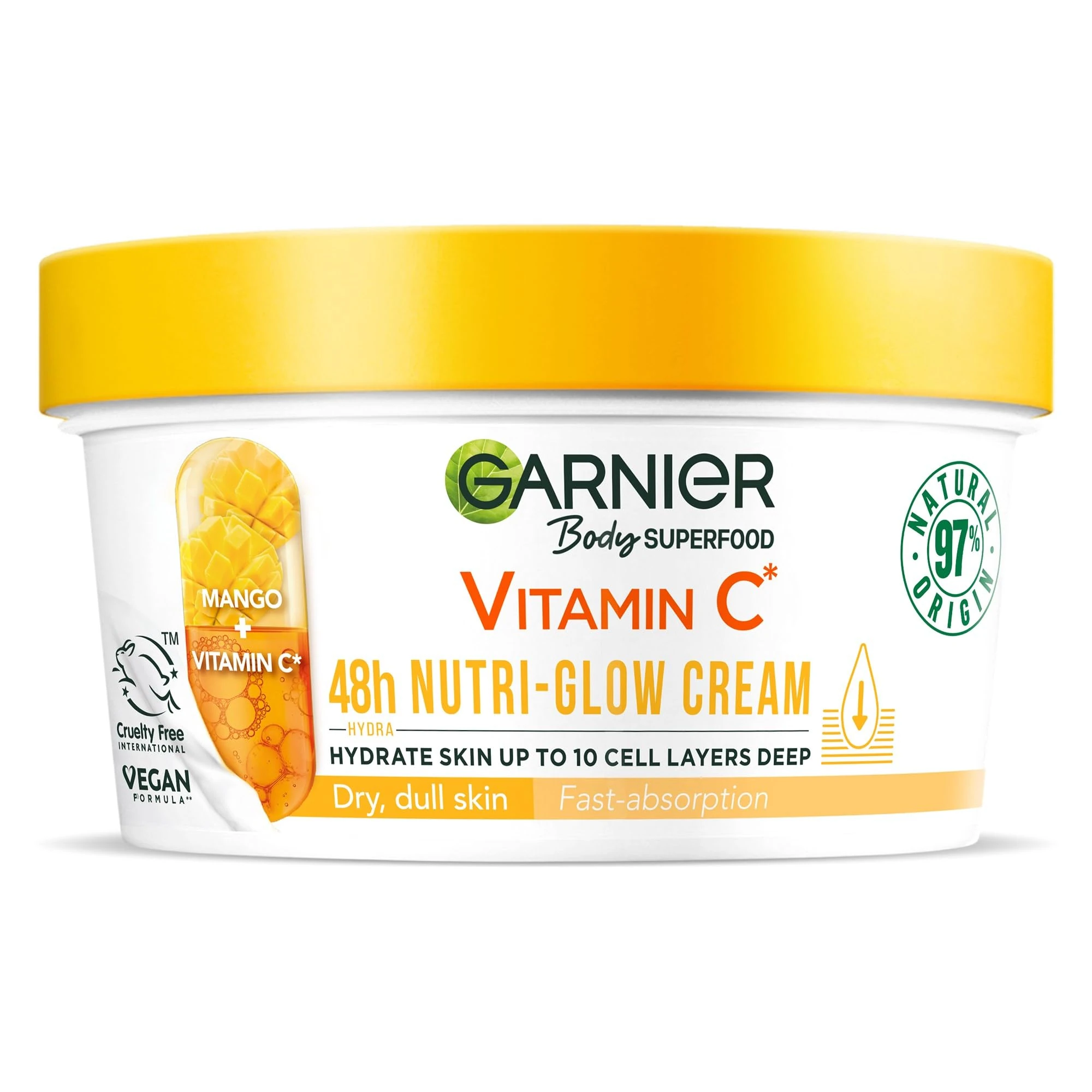 Garnier Body Superfood, Nutri Glow Body Cream, Vitamin C & Mango, for Dry & Dull Skin, Brightening & Glowing, Nourishing & Fast Absorbing, Vegan Formula, Approved by Cruelty Free International, 300ml