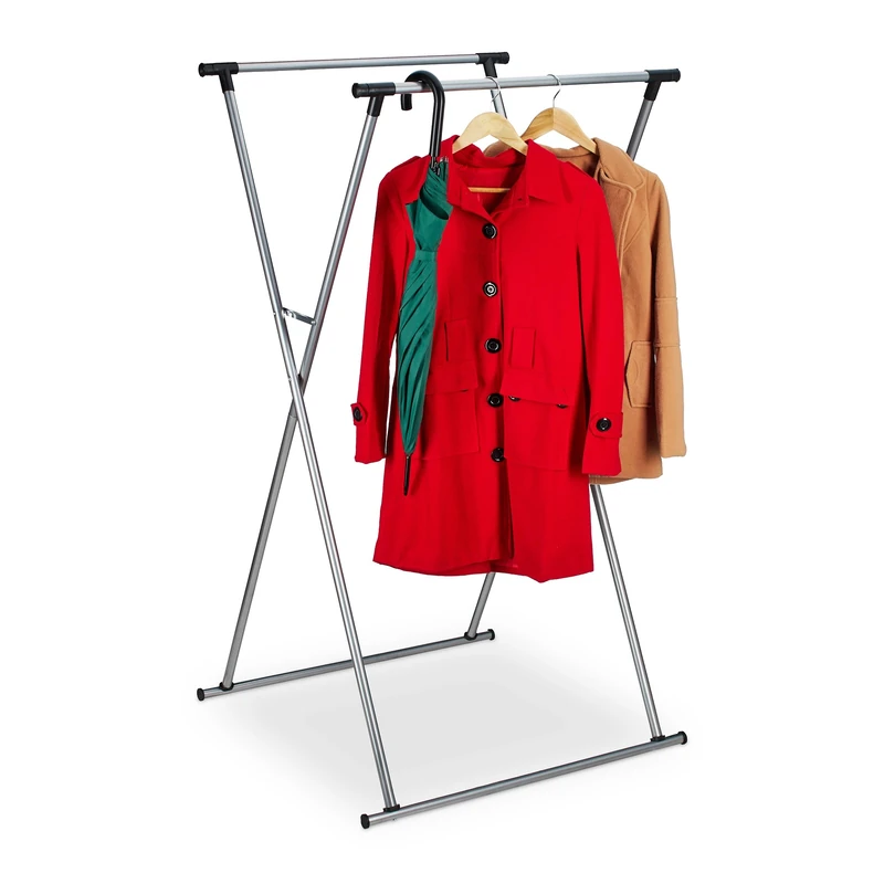 Relaxdays Extendable Clothes Stand, Coat Rack, HxWxD: 139 x 135 x 95 cm, 2 Rails, Hallway, Folding Valet, Metal, Silver