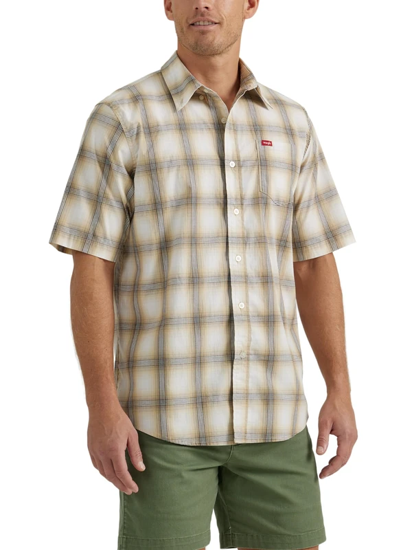 Wrangler Authentics Men's Short Sleeve Classic Plaid Shirt, Pale Khaki Plaid, XL