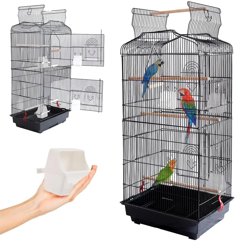 BAKAJI Aviary Cage for Birds, Inseparable Parrots, Parakeets, Birds, Metal with Opening Roof and Feeders, Wooden Perches, Cage with Removable Tray for Easy Cleaning