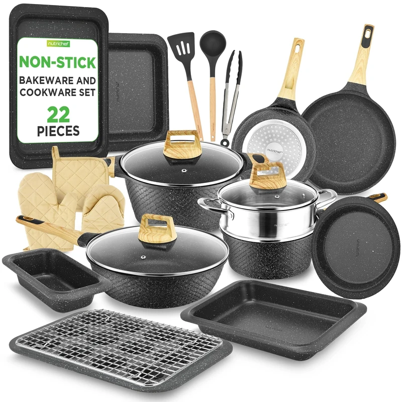 NutriChef Non Stick Pots and Pans Set with Coating 22-Piece, Cooking Set Includes Pan Sets, Pot Set, Kitchen Cookware, Bakeware, Heat-Resistant Tools, 20 cm–30 cm, Black