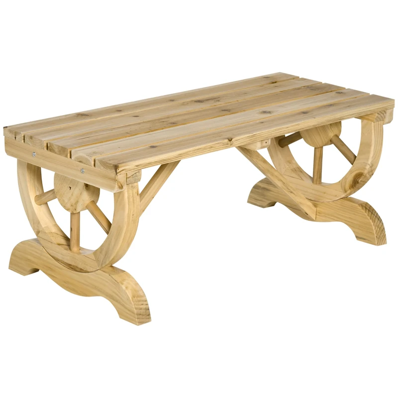 Outsunny Garden Rustic Wooden Bench Wheel-Shaped Legs Slatted Seat Stable Reinforced Structure Outdoor Patio Garden 2-Person Bench Seat - Natural Wood Effect