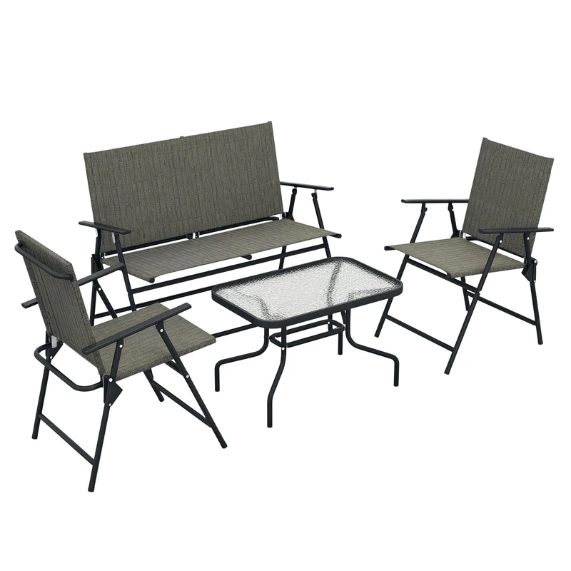 Outsunny Outdoor 4 Pieces Patio Furniture Set with Breathable Mesh Fabric Seat & Backrest, Garden Set with Two Foldable Armchairs, a Loveseat & Glass Top Table, Mixed Brown