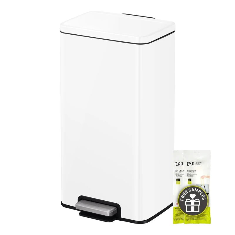 EKO Madison Kitchen Trash Can 30L with Pedal and Soft Close Lid | White Stainless Steel Anti-Fingerprint | Modern and Robust | Large Capacity for Recycling
