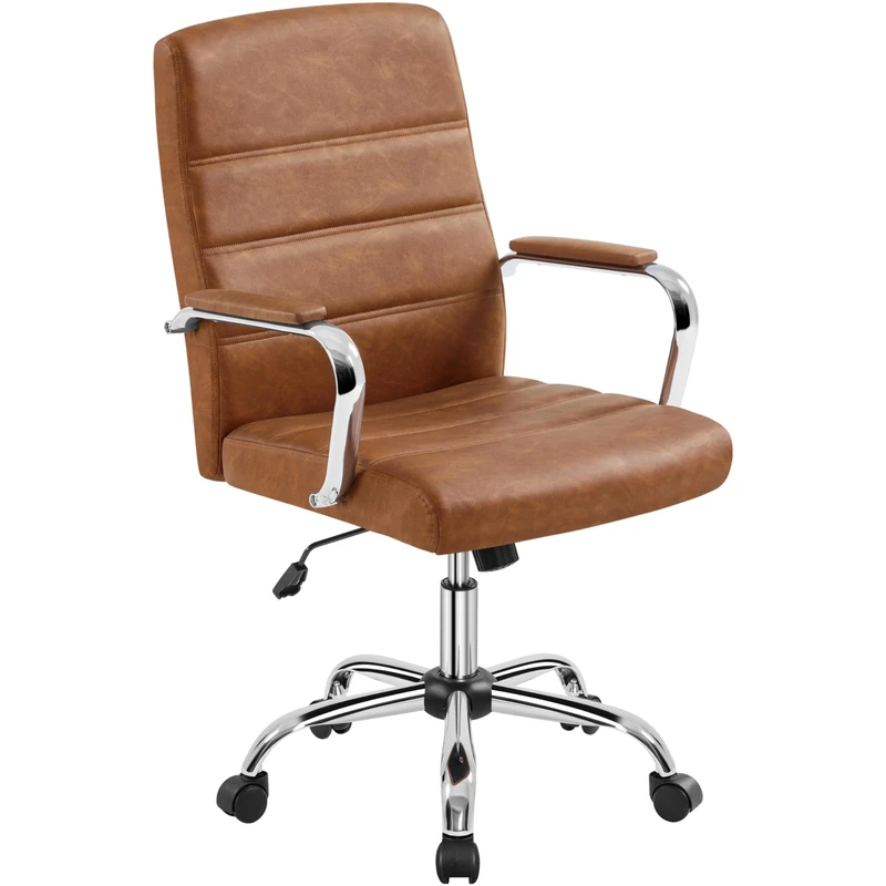Yaheetech Office Chair PU Leather Computer Desk Executive Chair Height Adjustable Swivel, with Arms and Back Support for Home Study Work, Retro Brown