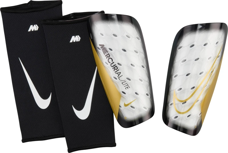Nike Mercurial Lite Football Shin Guards, White/Black/MTLC Gold Coin, DN3611-101, L - Image 1