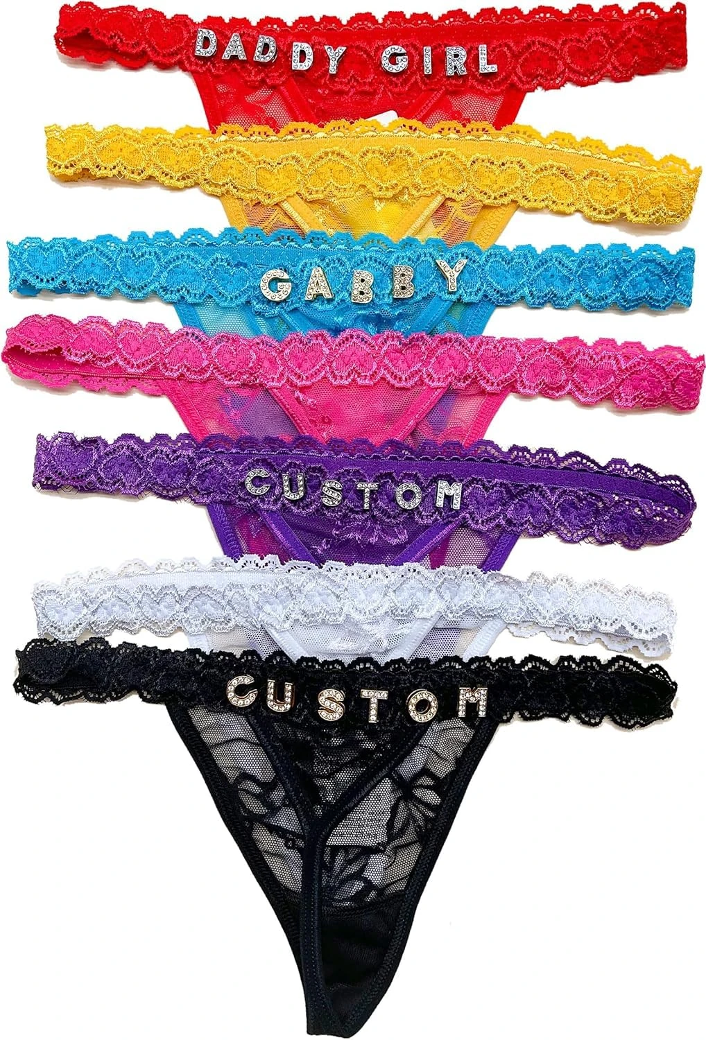 HEPBAK Sexy Custom Thong with Name Rhinestone Gold Letters, Personalized Letter Lace Panties For Women, Personality Hotwift Lingerie, Black