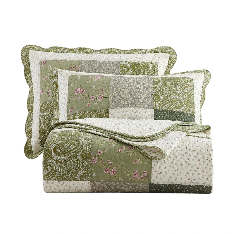 vctops Farmhouse Green 3 Piece Patchwork Quilted Set Floral Embroidery Cotton Bedding Set Lightweight Reversible Bedspread Coverlet 1 Quilt + 2 Pillow Shams (Green Floral,91"x98")