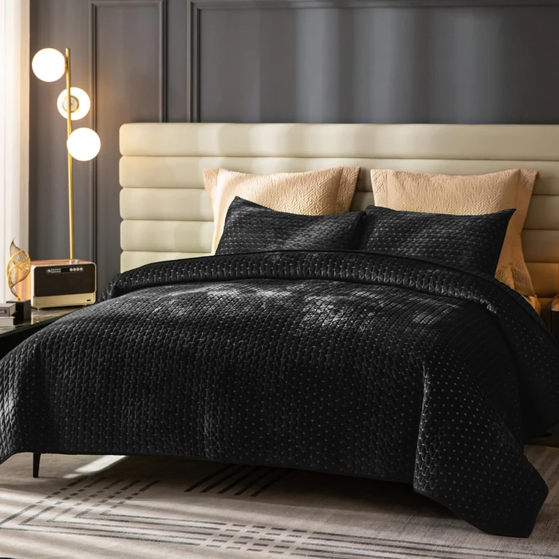 Rosecret Black Velvet Bedding Quilt Twin Size Set, Lightweight Velvet Comforter Set, Luxurious Bedspread Coverlet with Brushed Back, Ultra Soft Cozy Warm for All Season