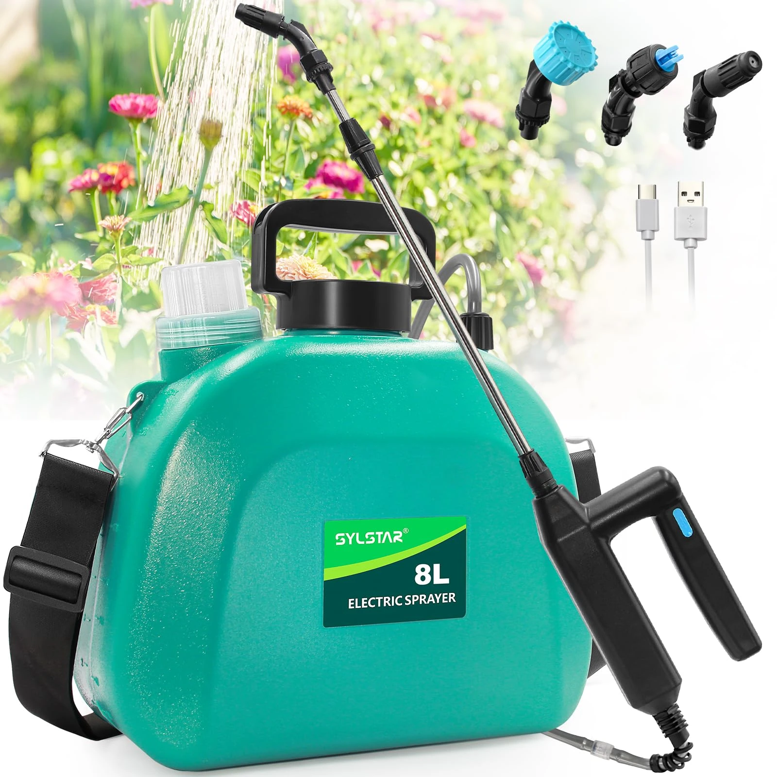 SYLSTAR Battery Powered Garden Sprayer 8L, Upgrade Electric Weed Sprayer with 3 Mist Nozzles, USB Rechargeable Handle, Retractable Wand and Adjustable Shoulder Strap, Water Spray for Lawn